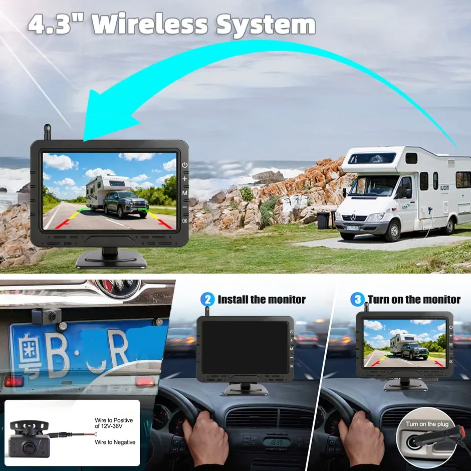 Trail Camera Infrared - HDワイヤレス4.3インチ駐車監視カメラ AHD1080P IR搭載、車両、ピックアップトラック、RV、トレーラー、キャンピングカーに最適。取り付け簡単。