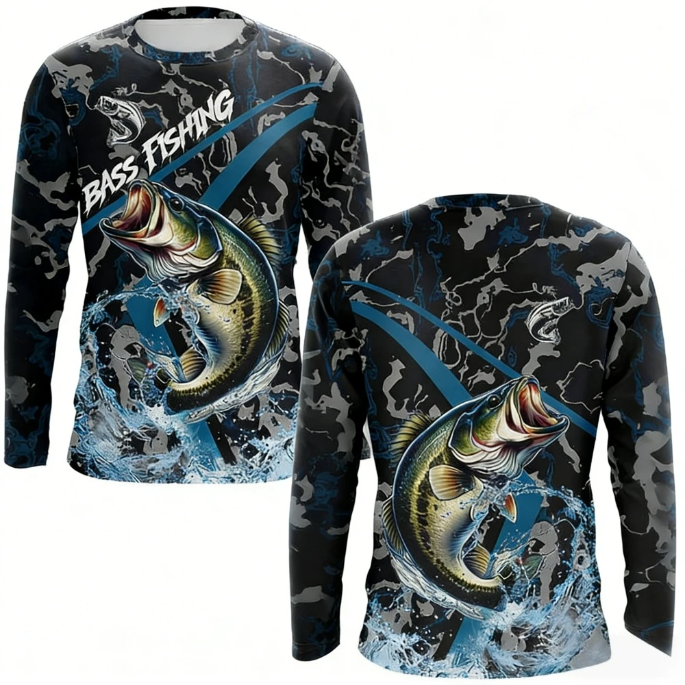 Outdoor Hunting Prints - メンズ用フィッシングシャツ、長袖、UPF（紫外線防止）機能、速乾性、軽量、通気性、アウトドア、ハイキング、狩猟、迷彩柄、ラッシュガード、ジャージ。